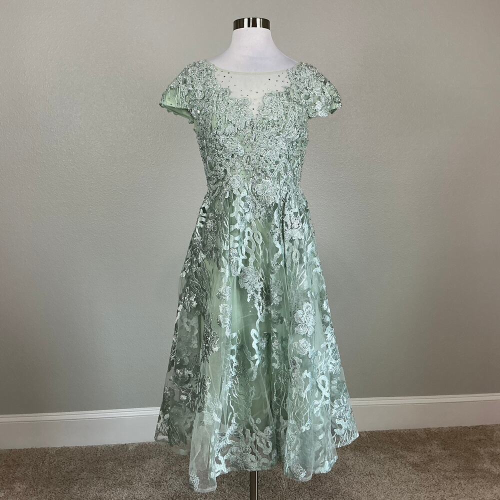 Mac Duggal 20978 Sage Green Cocktail Dress Beaded Lace Fit & Flare Midi Size 12 - Picture 2 of 10